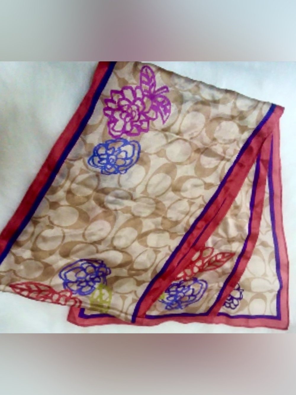 Coach Poppy Oblong Silk Scarf with Signature C Pattern & Floral Bloom, Like New - Picture 5 of 6